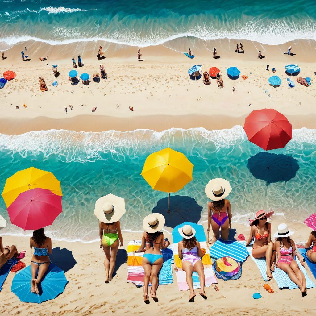A vibrant beach scene featuring a diverse group of stylish individuals showcasing the latest swimsuits and beachwear. Include colorful umbrellas, sun hats, and beach accessories. The background should have gentle waves and a bright blue sky with a few fluffy clouds. Capture the essence of summer fun and fashion. super-realistic. vibrant colors. tropical beach setting.
